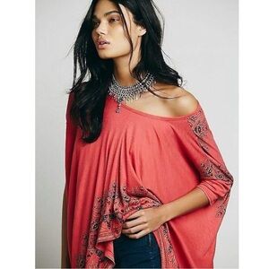 Free People Bohemian Gypsy Asymmetrical Oversized Tee Top Folk Art XS Slouchy